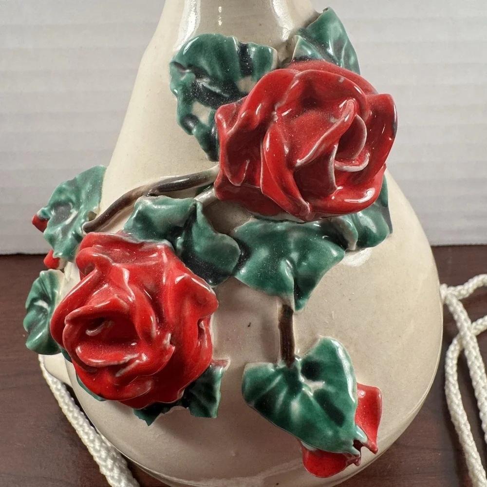 Vintage Artisan Signed 3D Rose Ceramic Hanging Hummingbird Nectar Feeder Beige